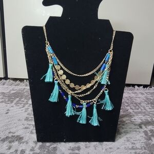 Elegant Gold and Blue Tassel Necklace